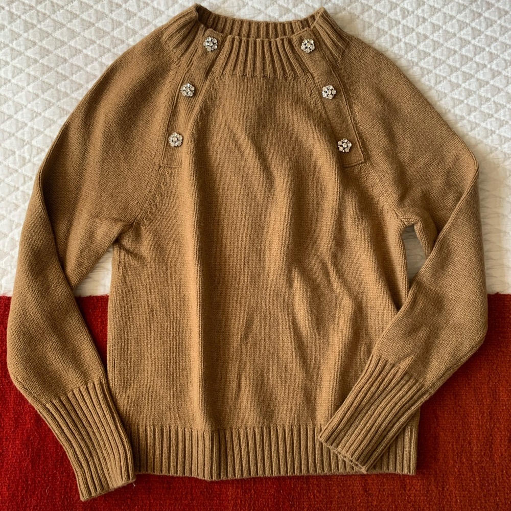 J Crew Wool Sweater with Rhinestone Buttons - Tan